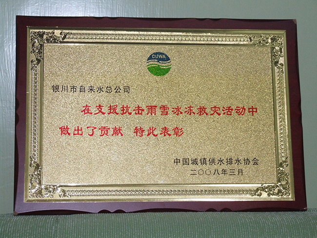 2008年中国城镇供水排水协会“在支援抗击雨雪冰冻灾害活动中做出了贡献”特此表彰